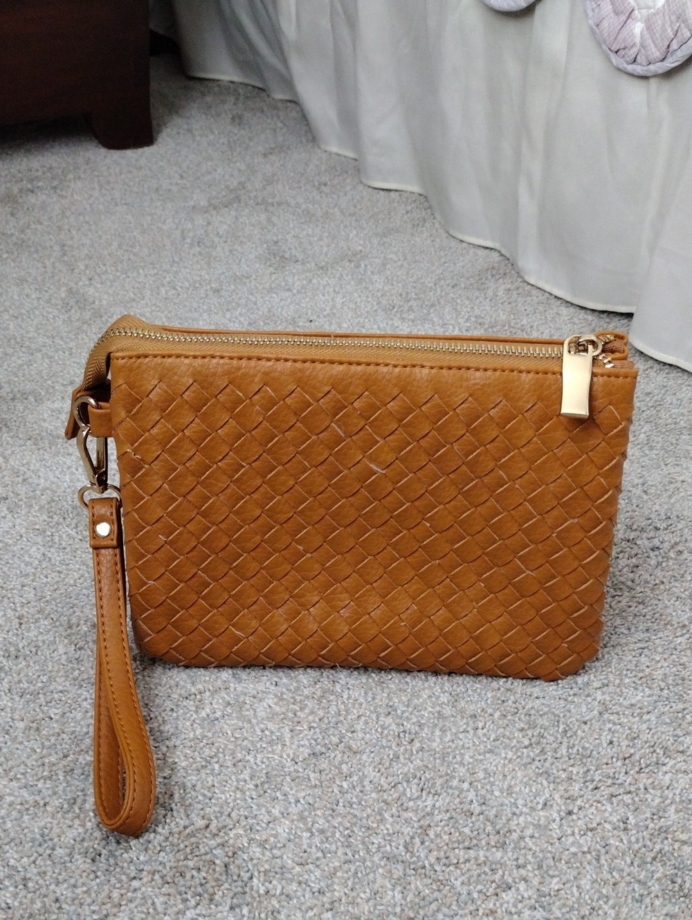 Woven Tan Leather Wristlet Clutch